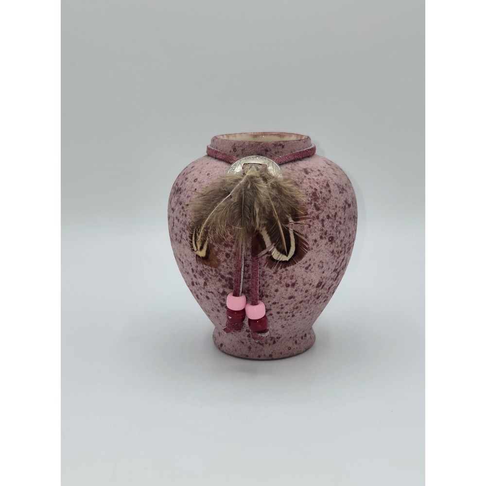 Studio Pottery Vase Signed Pink Speckled Glaze Feather Charm Southwest Style 4"